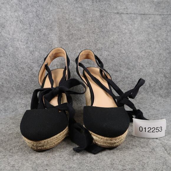 Express Shoes Womens 6 Wedge Sandals Espadrille Platform Black Ankle Wrap Tie - Picture 2 of 12